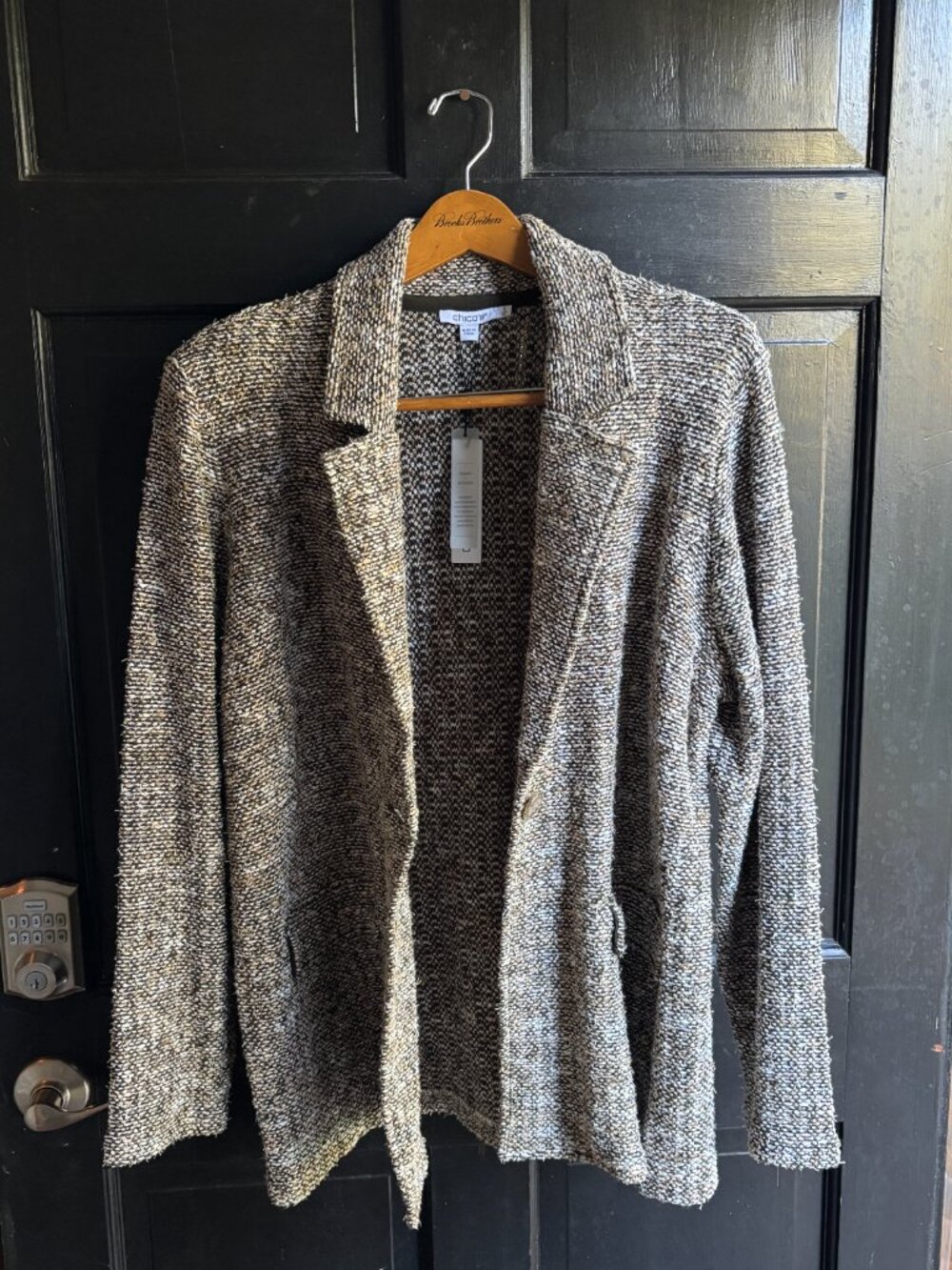 Chico's NWT Olive Green Tweed Blazer Cardigan Sweater Size 3 XL Cotton Blend